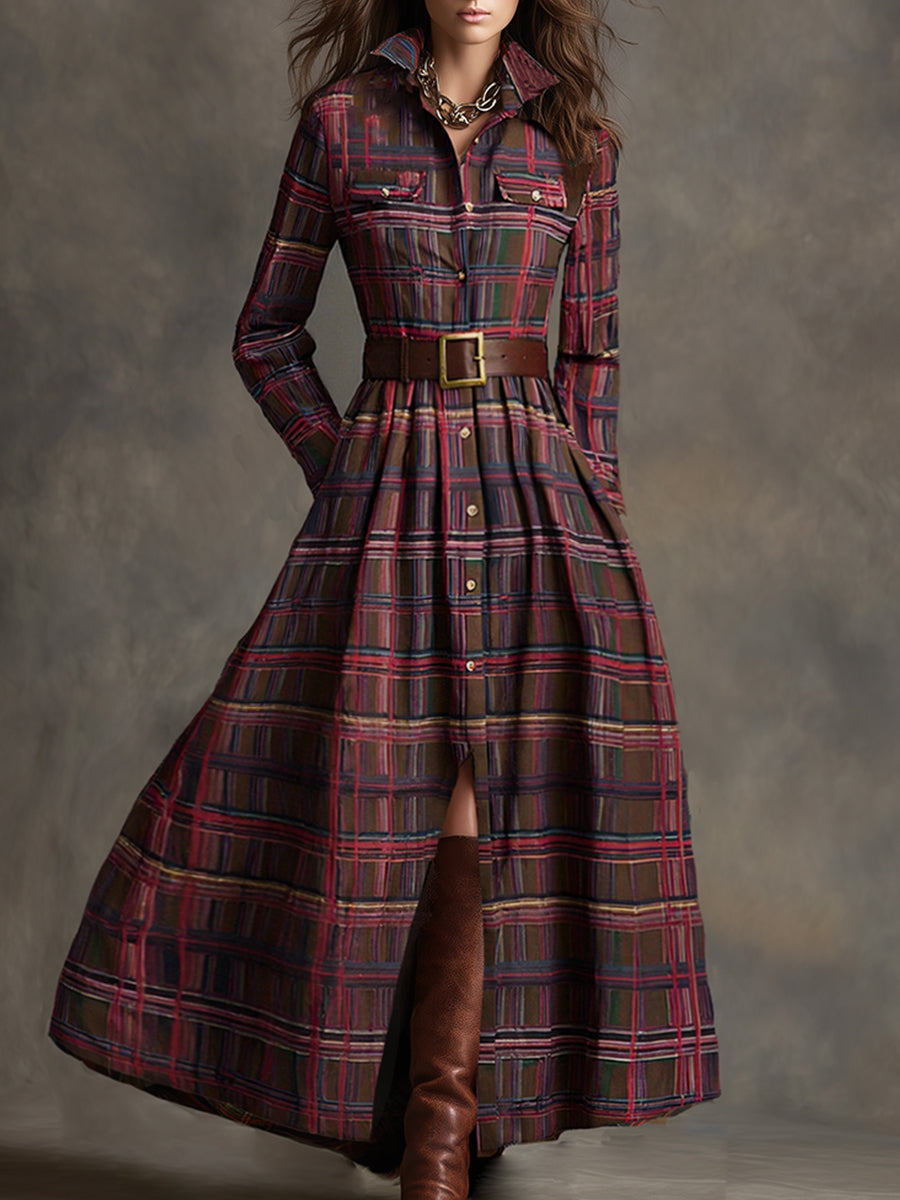retro-ethnic-style-lapel-reddish-brown-plaid-maxi-dress - Oyrosy