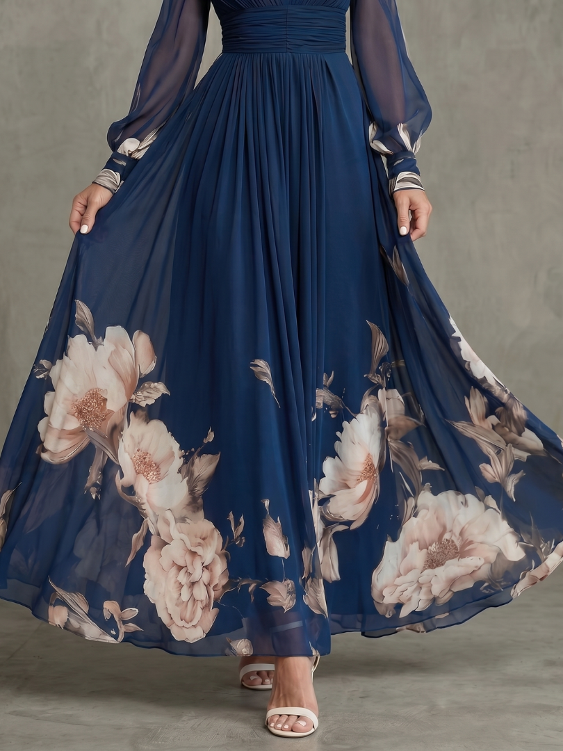 Pleated Sheer Sleeve Navy Maxi Dress