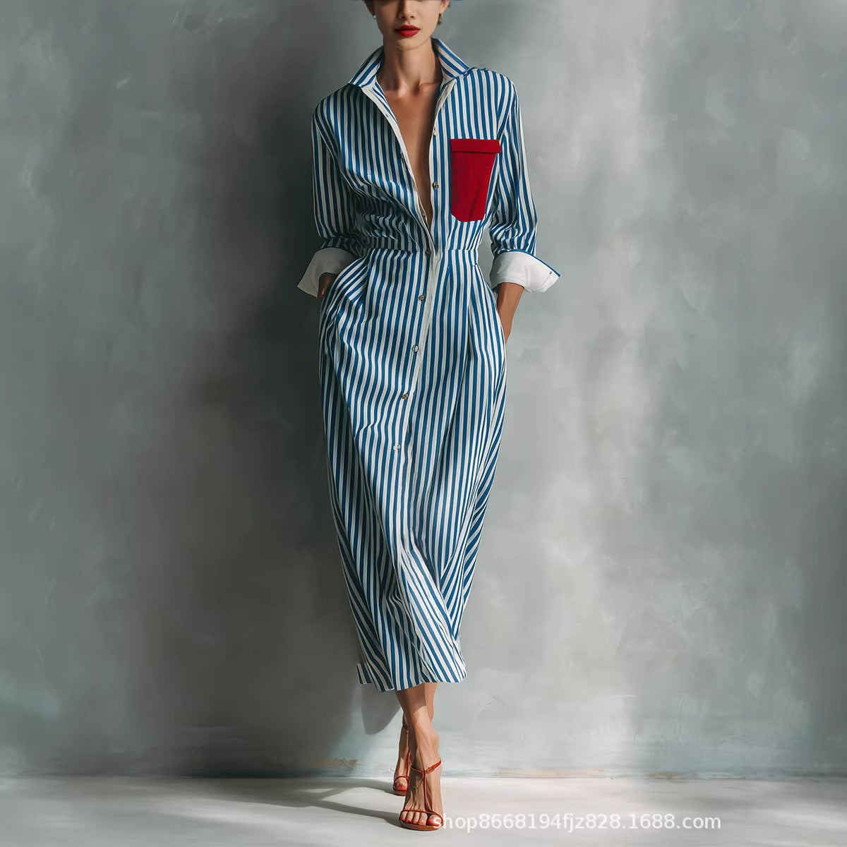 Blue White Vertical Stripe Contrast Red Pocket Midi Shirt Dress