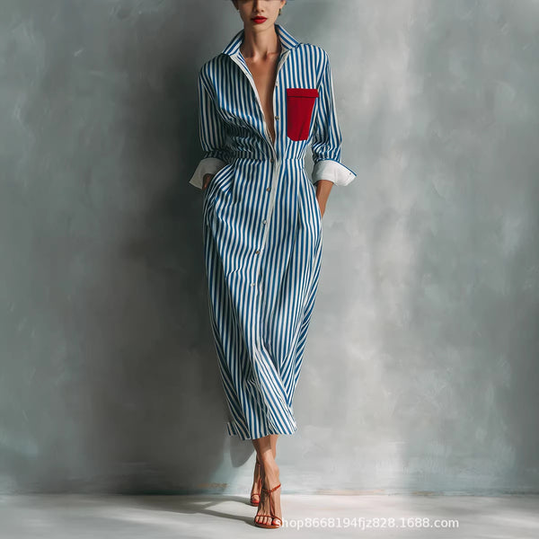 Blue White Vertical Stripe Contrast Red Pocket Midi Shirt Dress