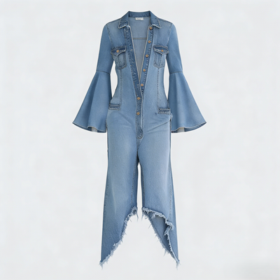 Stylish Bell Sleeves Single-breasted Casual Denim Jumpsuit