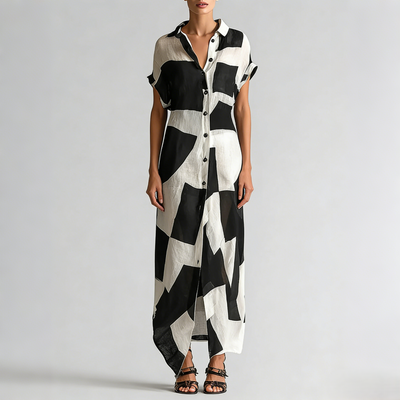 Women's Cotton And Linen Blend Irregular Geometric Print Lapel Single-Breasted Short-Sleeved Maxi Shirt Dress