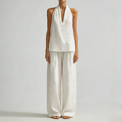 Casual Urban Style White Linen V-neck Sleeveless Top And Wide Leg Pants Set