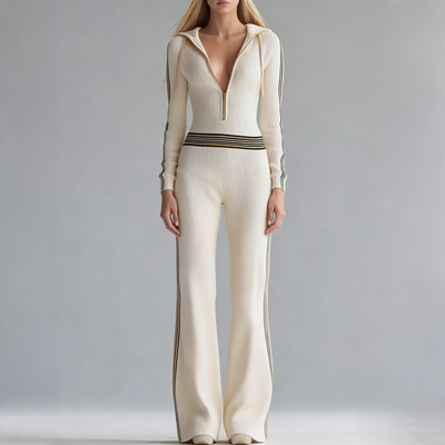 Retro Fashion Sports Hooded V-neck Front Zipper Off-white Knitted Jumpsuit