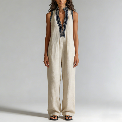 Women's Minimalist Linen Blend Sleeveless Jumpsuit With Zipper And Stand Collar Featuring Embroidery