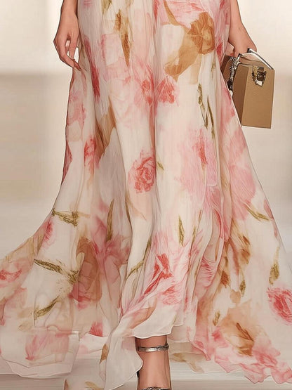 Pink Short Sleeve V-Neck Maxi Dress