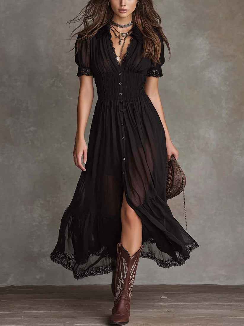 Fitted-waist Ruffled-edge Chic Dark-style V-neck Blouse And Slit Maxi Skirt