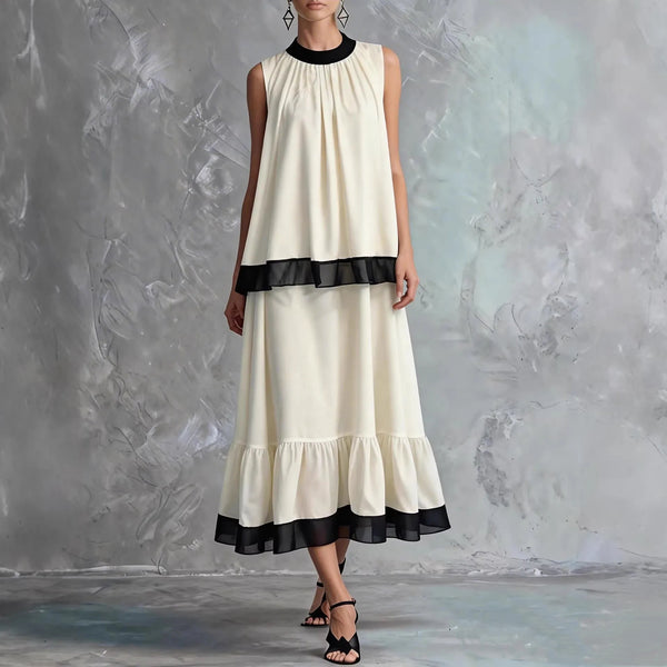 Elegant Black & White Tiered Two-Piece Maxi Set