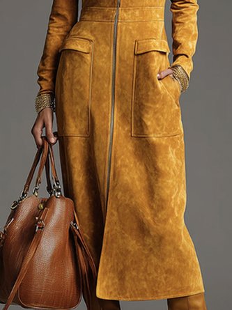 Urban Solid Suede Full Zip Stand Collar Long Sleeve Midi Dress