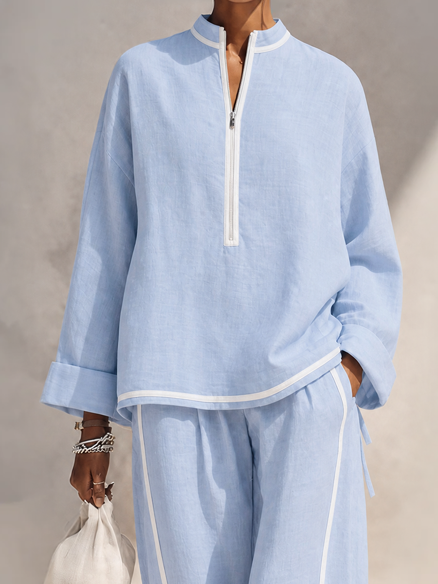 Women's Light‑Blue Linen Fabric Stand‑Collar Half‑Zip Oversized Top & Wide‑Leg Pants Set MDZ1594G5ZRK