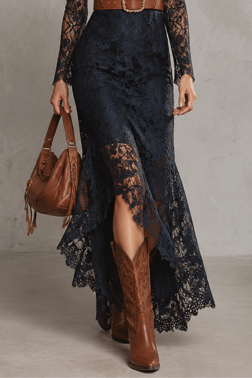 Vintage Bohemian-Style Long-Sleeved Lace Midi Dress