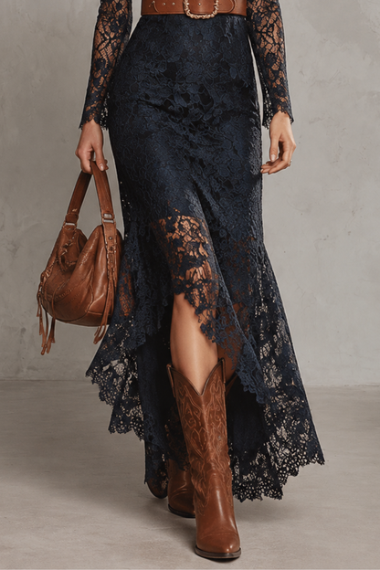 Vintage Bohemian-Style Long-Sleeved Lace Midi Dress