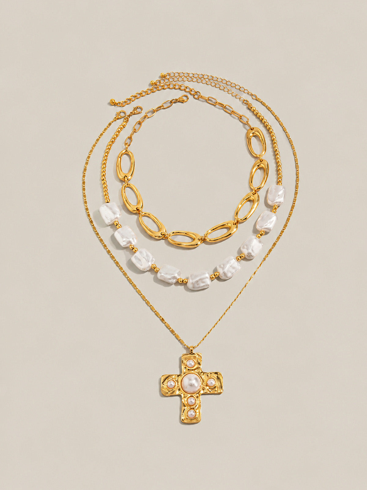 Three-Piece Cross And Irregular Bead Layered Necklace Set