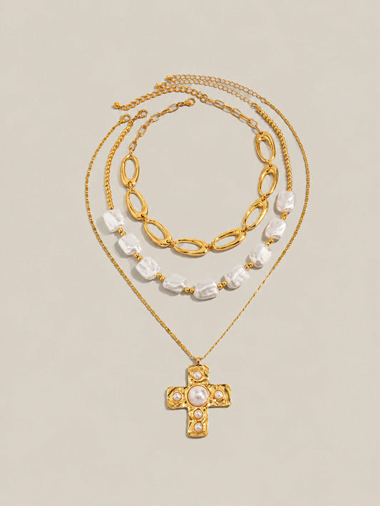 Three-Piece Cross And Irregular Bead Layered Necklace Set
