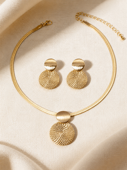 Gold-tone Textured Disc Necklace And Earrings Two-piece Set