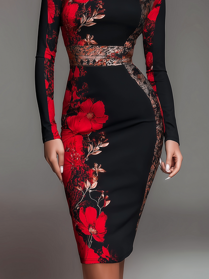 Elegant Stand Collar Jersey Midi Dress Long Sleeve