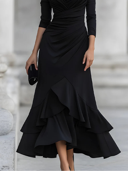 One-Shoulder Ruched Asymmetric Ruffle Hem Midi Dress