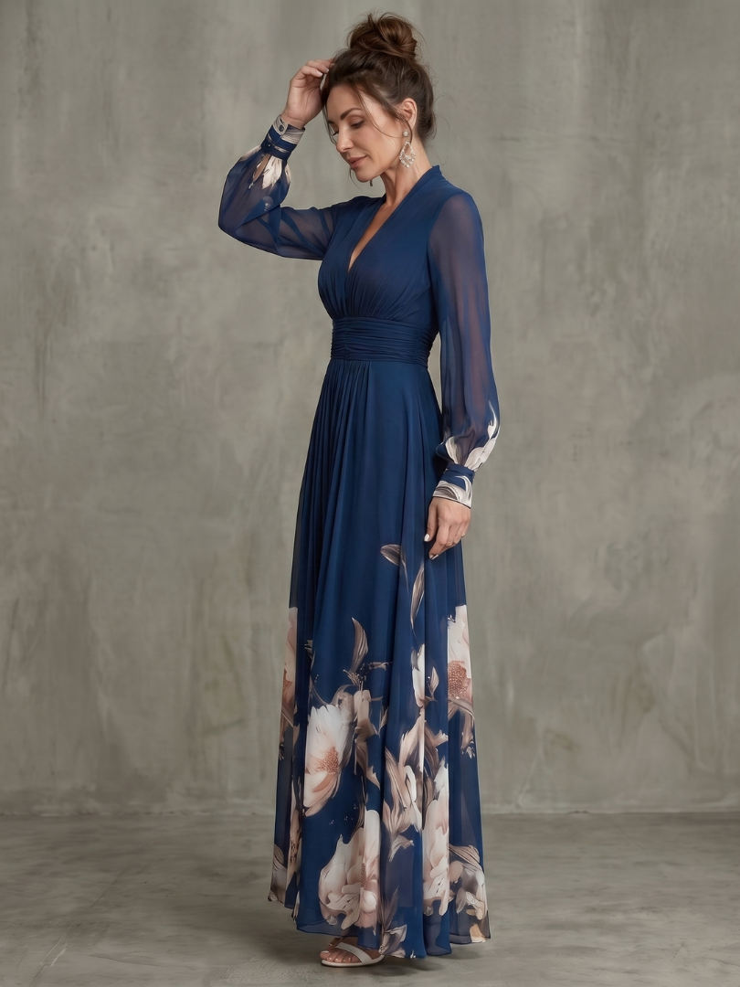 Pleated Sheer Sleeve Navy Maxi Dress