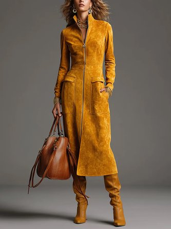 Urban Solid Suede Full Zip Stand Collar Long Sleeve Midi Dress