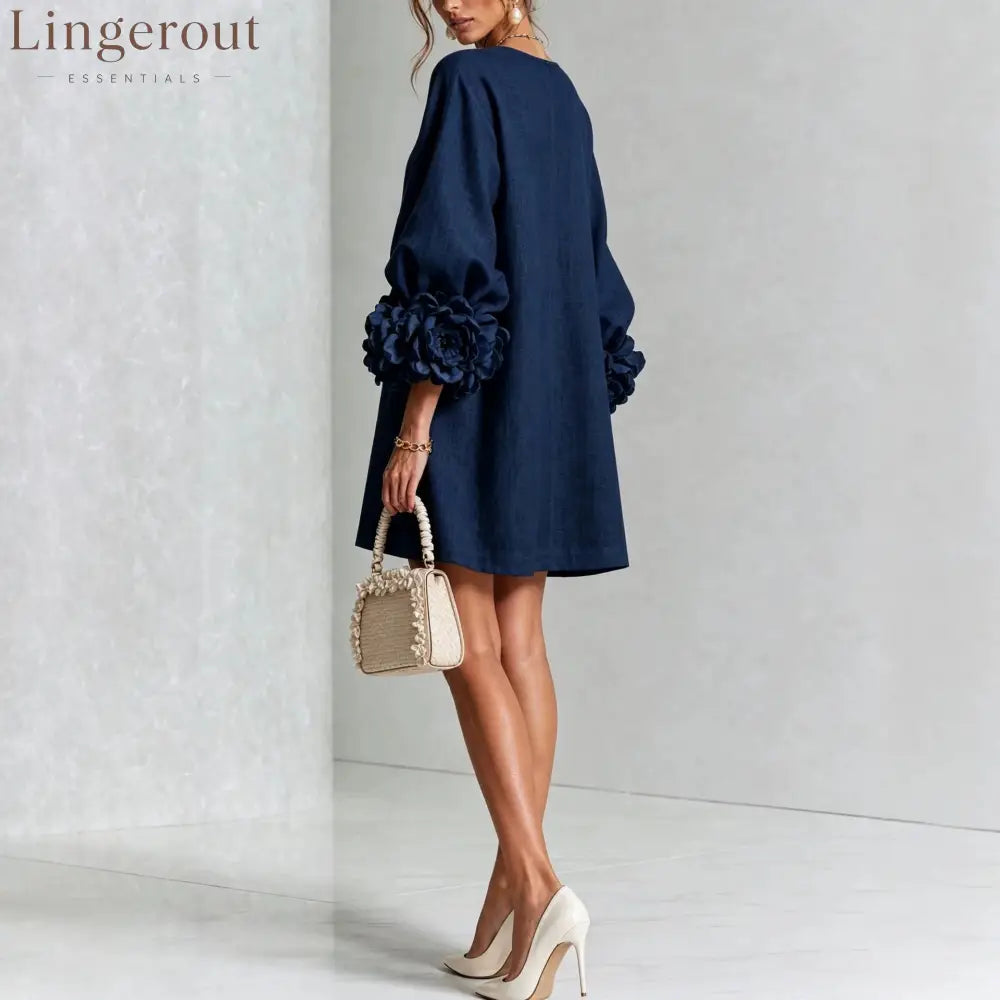 3D Floral Cuff Linen Mini Dress