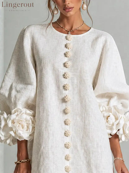 3D Floral Cuff Linen Mini Dress