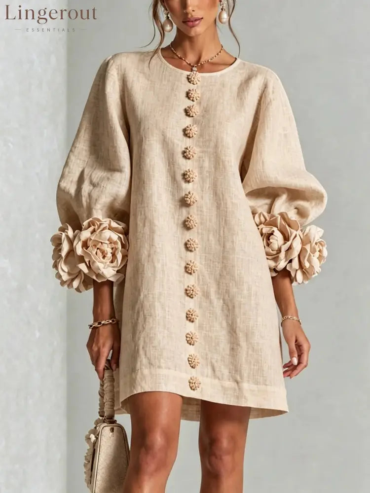 3D Floral Cuff Linen Mini Dress