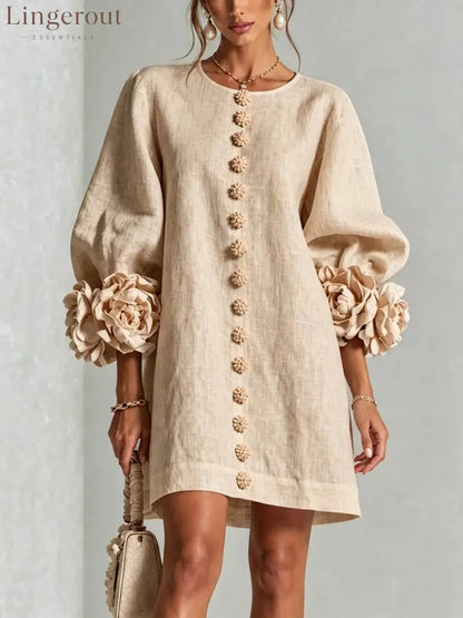 3D Floral Cuff Linen Mini Dress