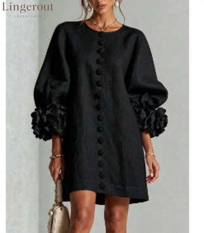 3D Floral Cuff Linen Mini Dress