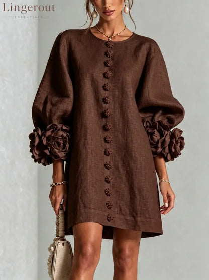 3D Floral Cuff Linen Mini Dress