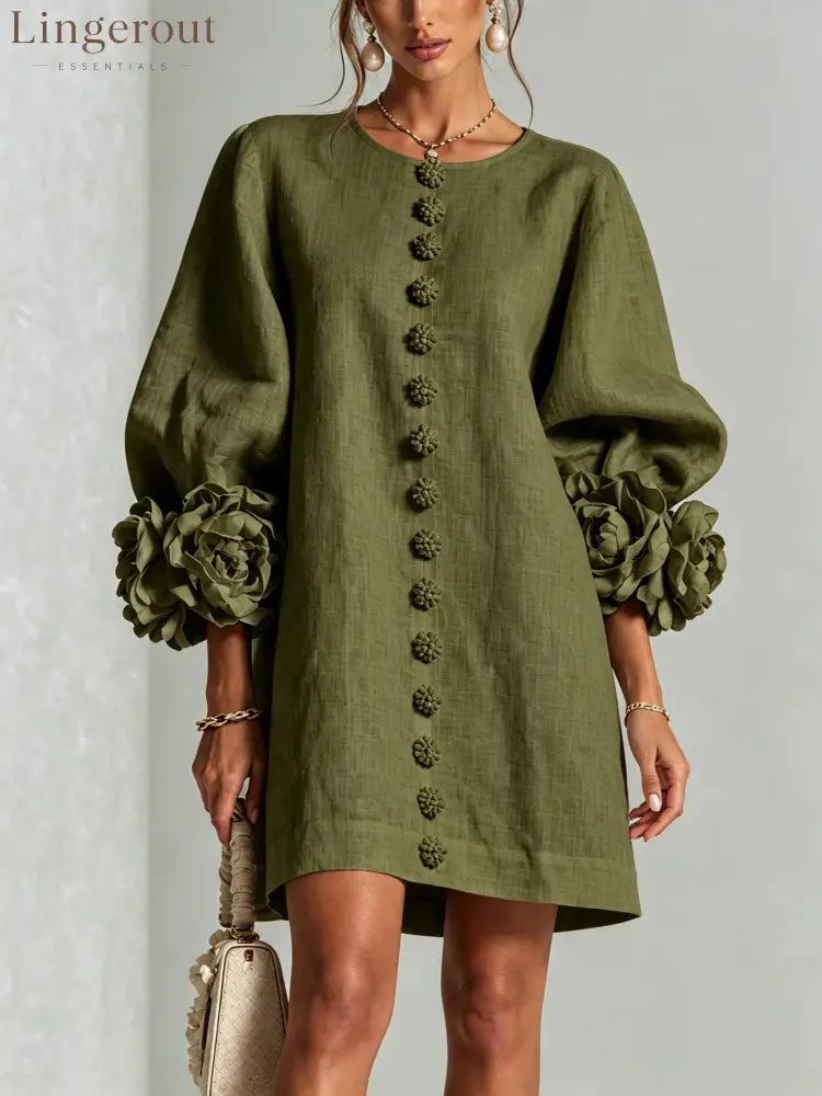 3D Floral Cuff Linen Mini Dress