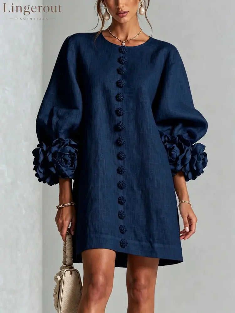 3D Floral Cuff Linen Mini Dress