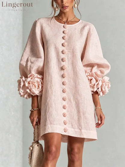 3D Floral Cuff Linen Mini Dress