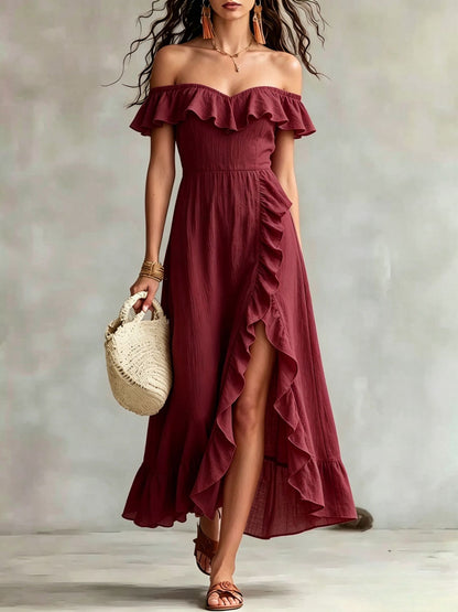Women's Summer Cotton Off Shoulder Ruffled Ruched Flowy Maxi Dress