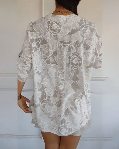 V-Neck Button-Down Printed Blouse