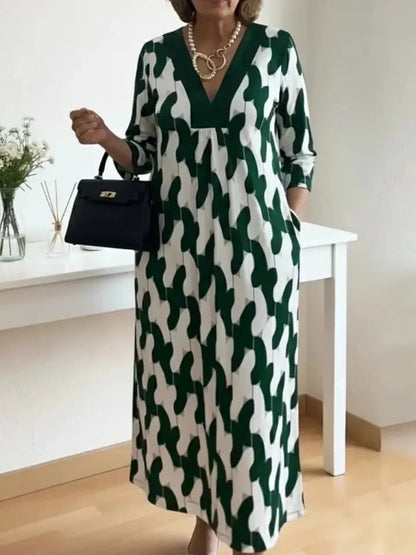 Elegant Art Print Color Block Trim V-neck Midi Dress