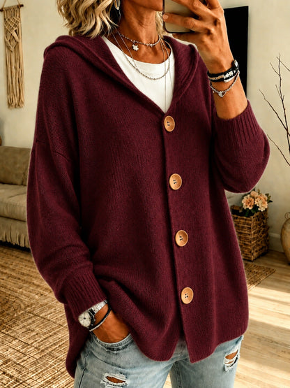 Women’s Hooded Knit Cardigan, Relaxed Button Front Sweater Jacket Casual Outerwear