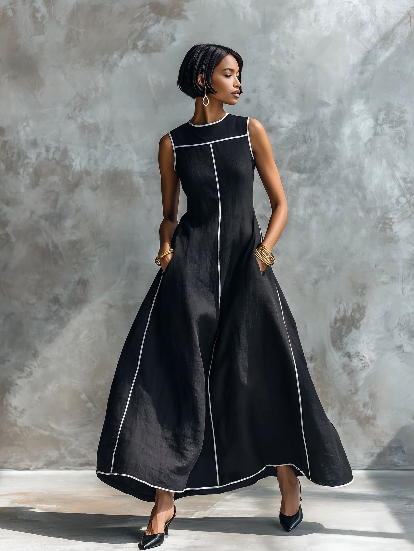 Contrast Stitching Sleeveless Linen Maxi Dress