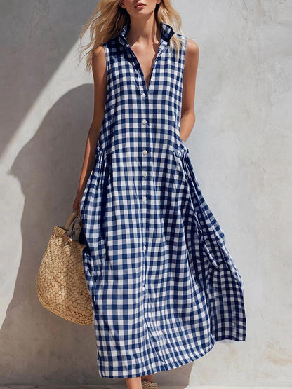 Women's Summer Resort Seaside Plaid Sleeveless Loose Long Dress