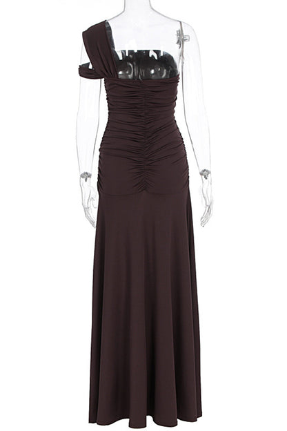 One Shoulder Ruched High Slit Slim Fit Solid Color Party Maxi Dresses-Brown