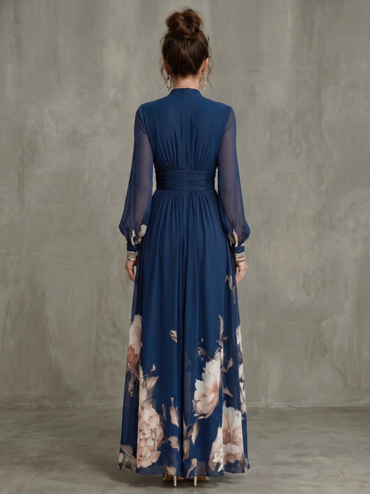 Pleated Sheer Sleeve Navy Maxi Dress