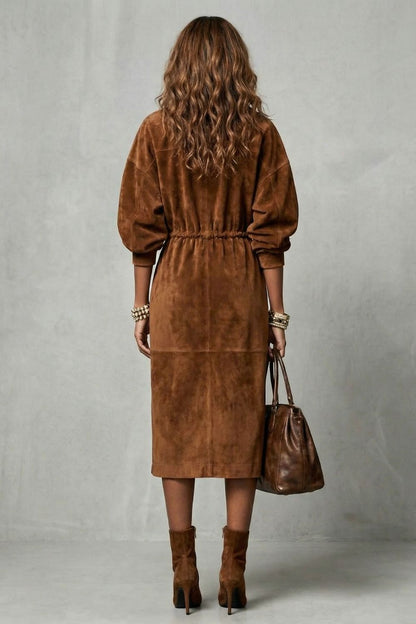 Women's Suede Lapel Half Zip Drawstring Waist Long Sleeve Midi Dress With Side Slit