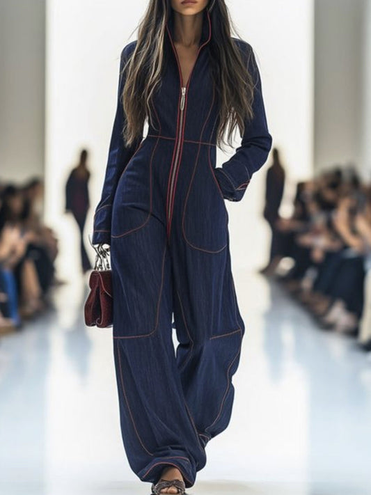 Long Sleeves Wide Leg Zipper Stand Collar Jumpsuits
