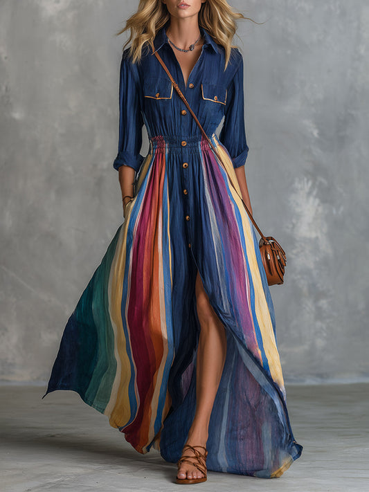 Navy Collar Colorful Rainbow Stripe Maxi Shirt Dress Elastic Waist Split Boho Long Dress