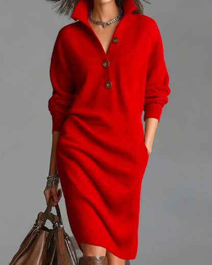 Women's Autumn Casual Lapel Button Loose Mid-Length Sweater Dress