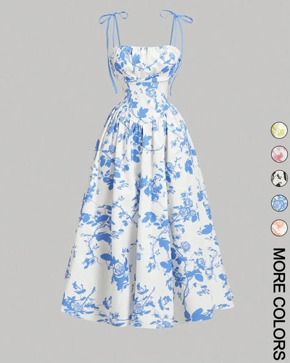 Curvy Floral Print Tie Shoulder Midi Cami Dress