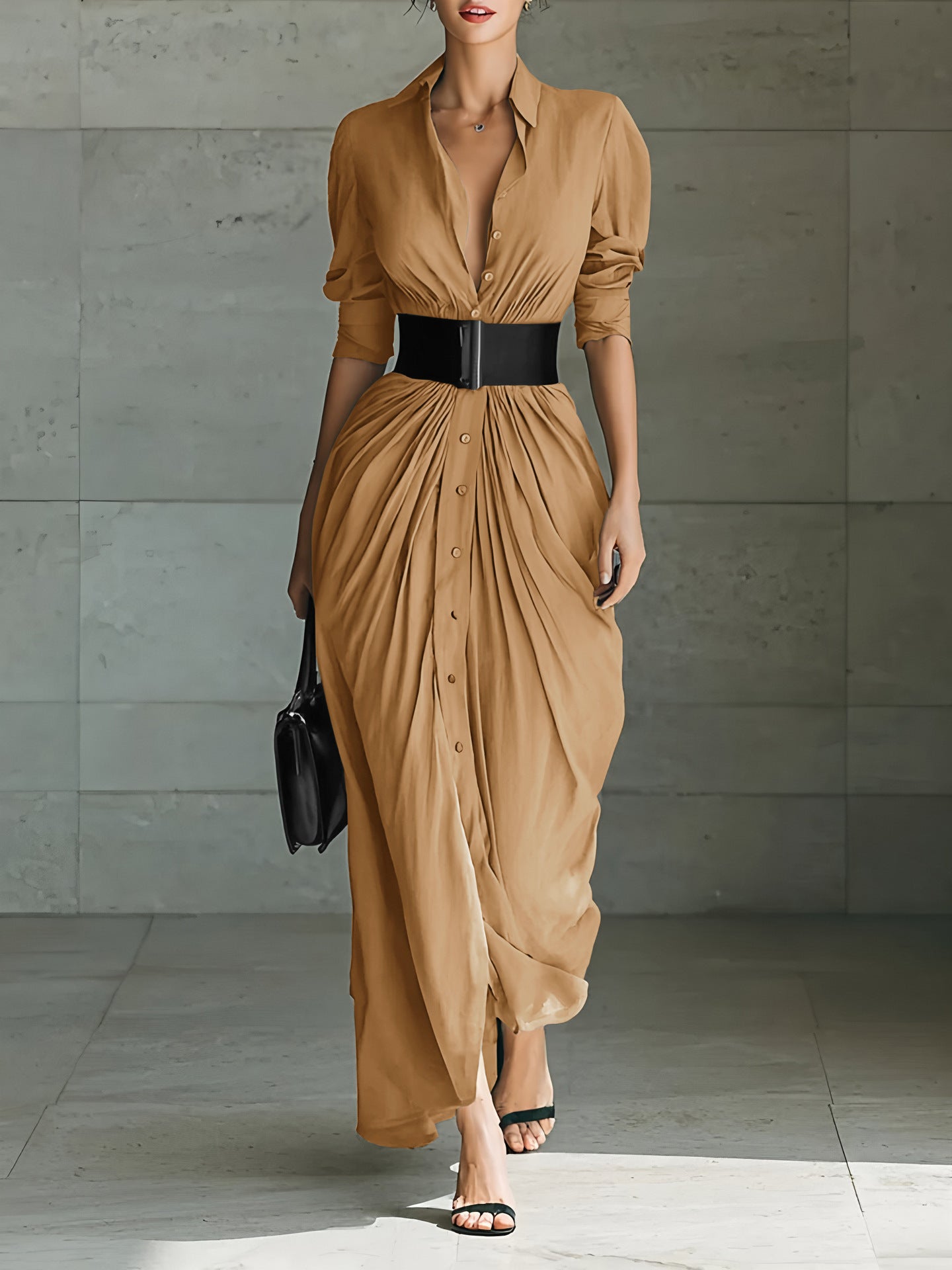Ladies Lapel Long Sleeve Single Breasted Belt Maxi Dress