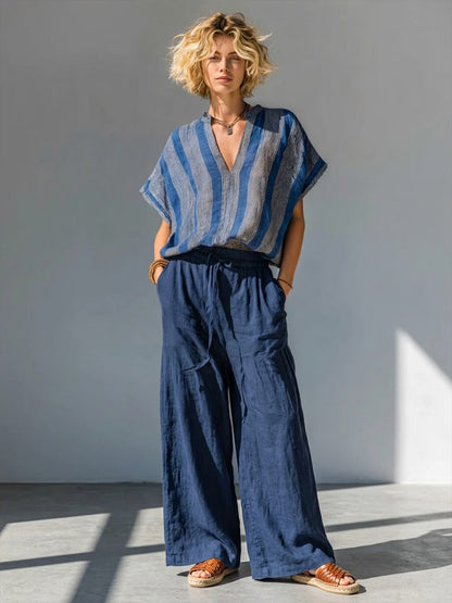 Casual Striped Linen And Cotton Two-piece Top And Pants Set