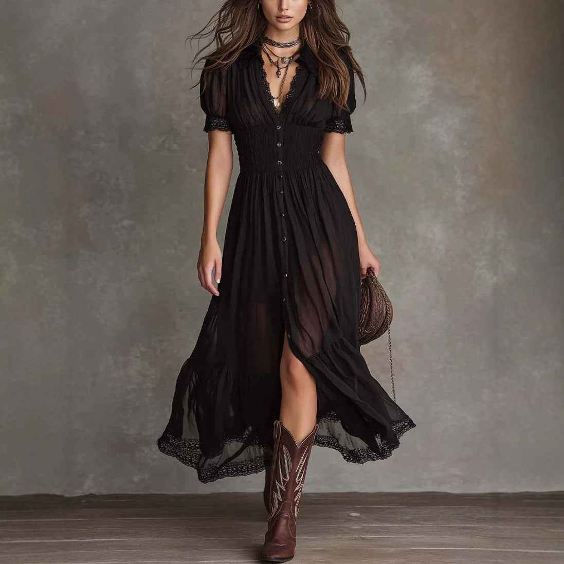 Fitted-waist Ruffled-edge Chic Dark-style V-neck Blouse And Slit Maxi Skirt
