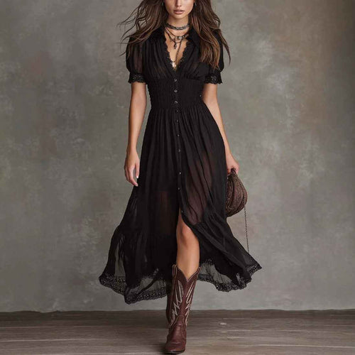 Fitted-waist Ruffled-edge Chic Dark-style V-neck Blouse And Slit Maxi Skirt