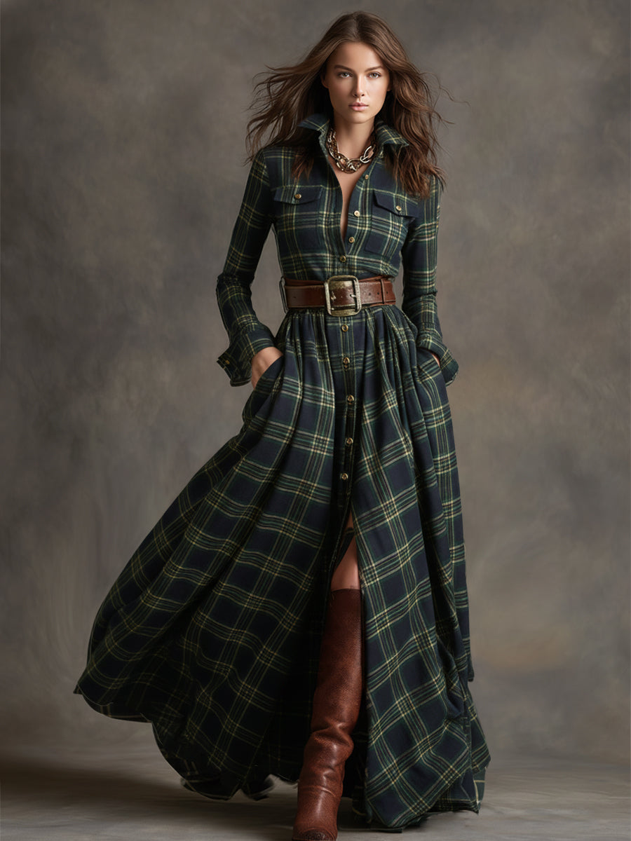 retro-ethnic-style-lapel-reddish-brown-plaid-maxi-dress - Oyrosy
